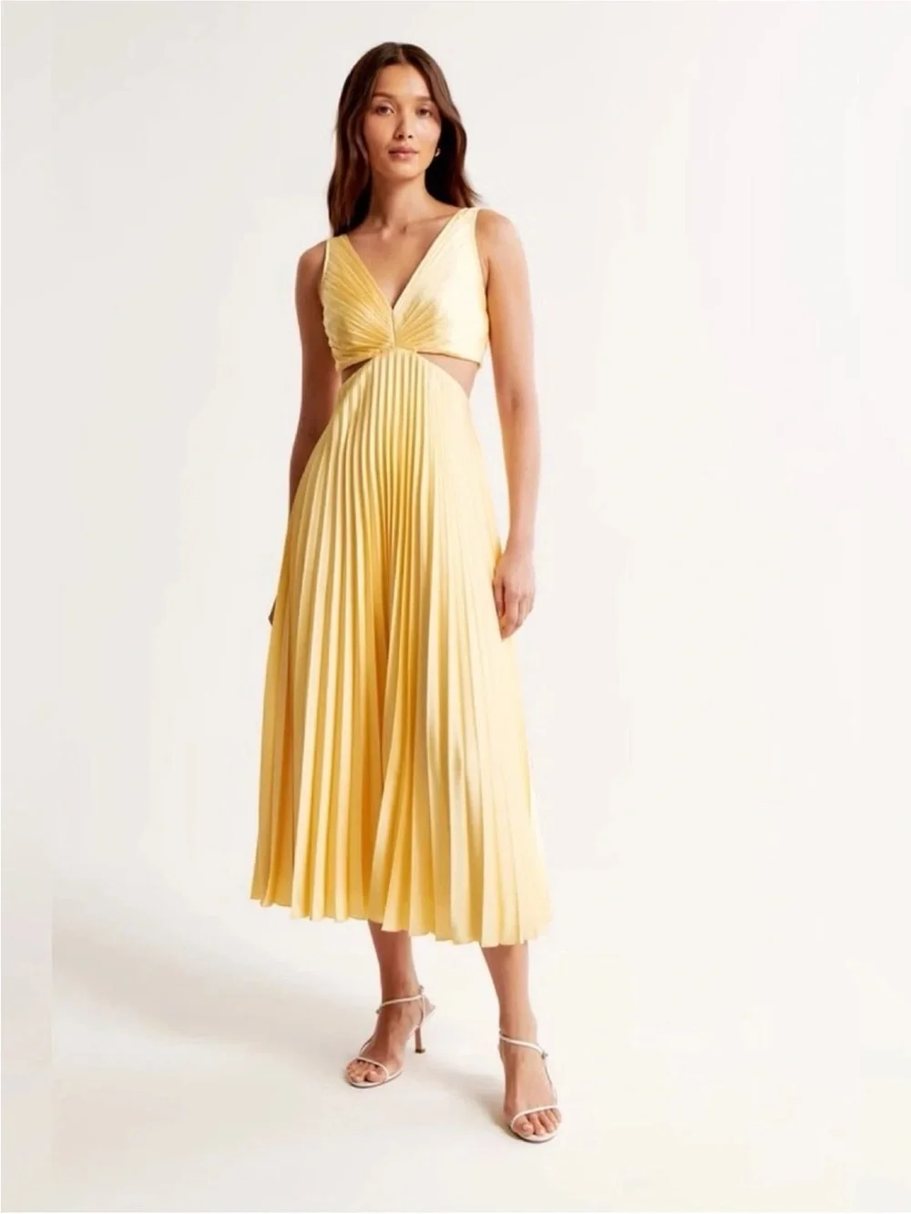 Abercrombie & Fitch Yellow Pleated Maxi Dress with Cutout Waist